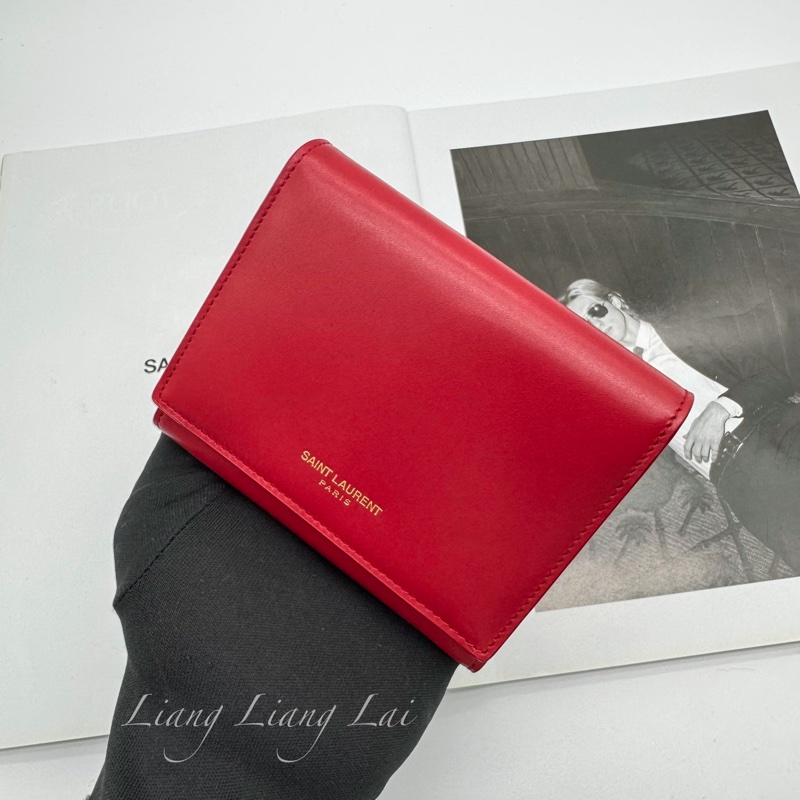 SAINT LAURENT YSL紅色牛皮三折短夾-16