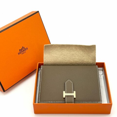 HERMES 大象灰金扣Bearn短款錢包 12*9.5*1.5 全新閒置配件盒子毛氈布