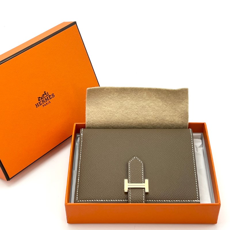 HERMES 大象灰金扣Bearn短款錢包 12*9.5*1.5 全新閒置配件盒子毛氈布-0