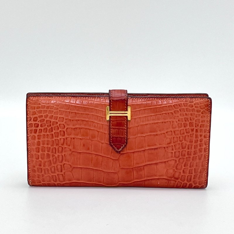 HERMES bearn摺疊開合鱷魚皮錢包 17.5*9*1 98新配件盒子-0