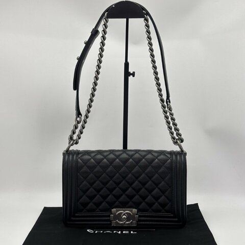 CHANEL 黑銀荔枝紋Leboy中號肩背斜背鏈條包 25*14*7 98新配件塵袋