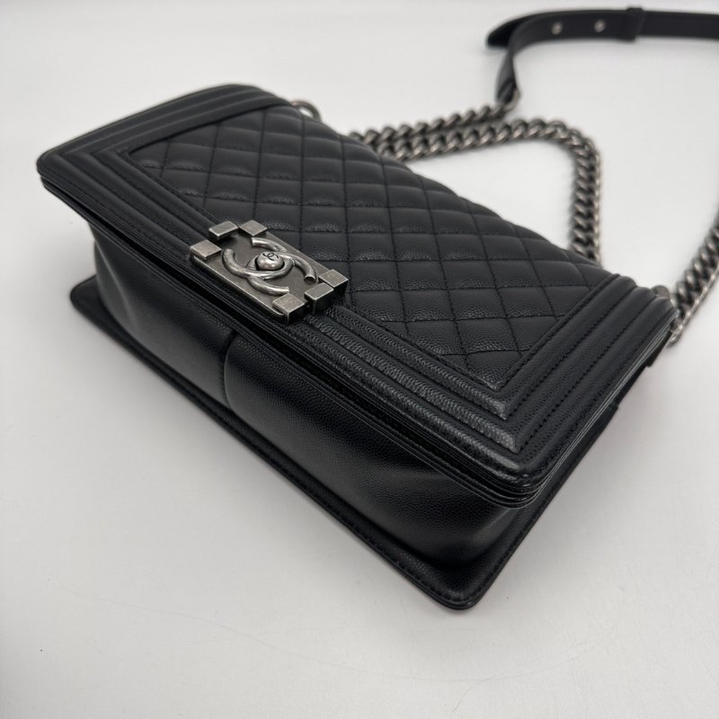 CHANEL 黑銀荔枝紋Leboy中號肩背斜背鏈條包 25*14*7 98新配件塵袋-1
