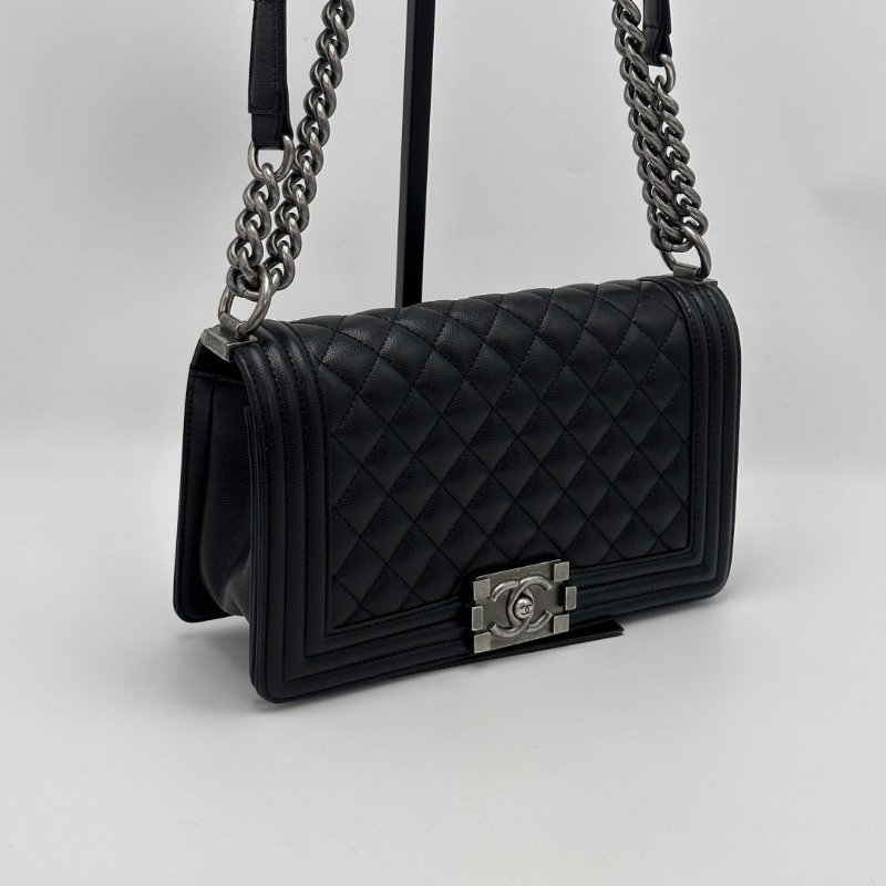 CHANEL 黑銀荔枝紋Leboy中號肩背斜背鏈條包 25*14*7 98新配件塵袋-3