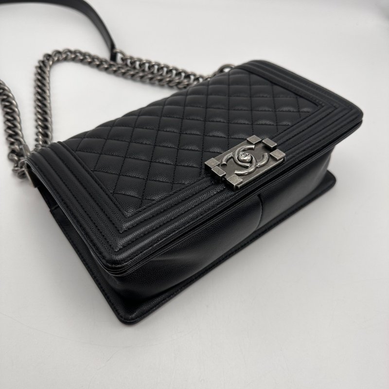 CHANEL 黑銀荔枝紋Leboy中號肩背斜背鏈條包 25*14*7 98新配件塵袋-4