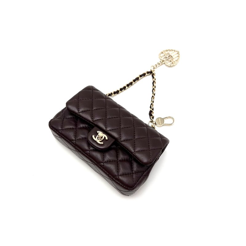 CHANEL 深棕色金扣25A珍珠算盤愛心掛飾零錢包 12*8*3 全新閒置配件盒子塵袋-2