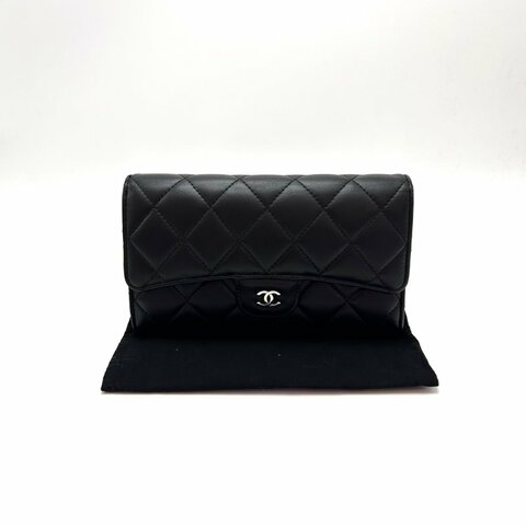 CHANEL 黑銀格紋羊皮cf長款錢包 18*10.5*2 98新配件塵袋