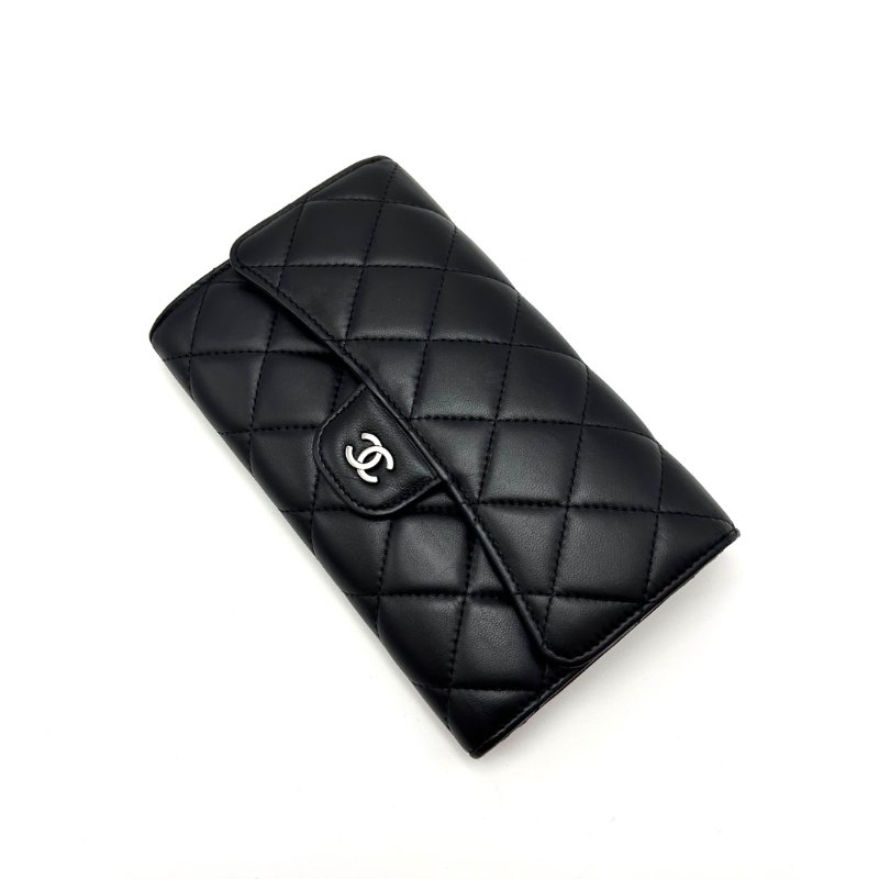 CHANEL 黑銀格紋羊皮cf長款錢包 18*10.5*2 98新配件塵袋-1