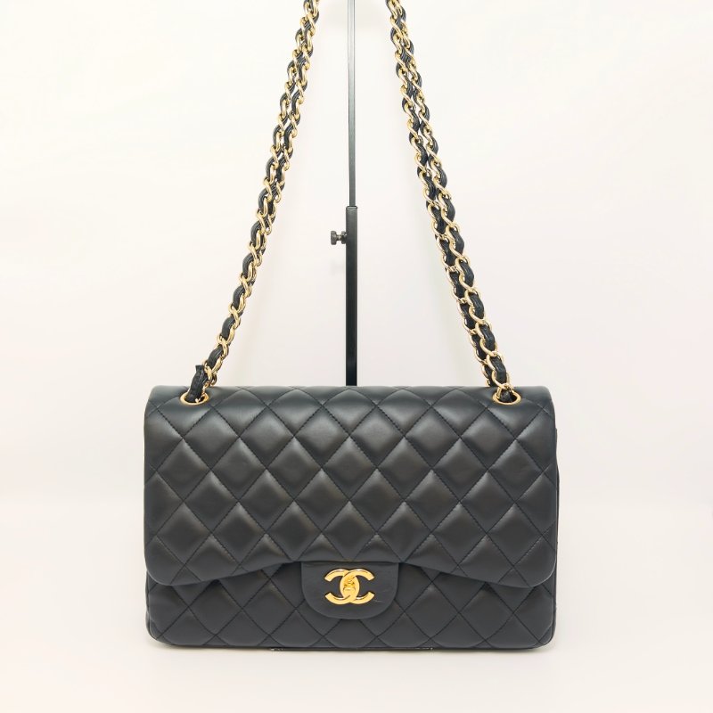 CHANEL CF黑金羊皮jumbo肩背斜背包30*20*9 98新配件塵袋-0
