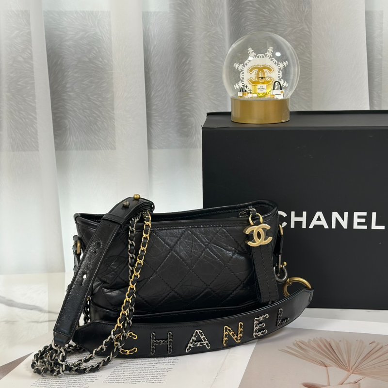 CHANEL 皮穿鍊字母提把雙鍊條流浪包 - 小號黑29開-0