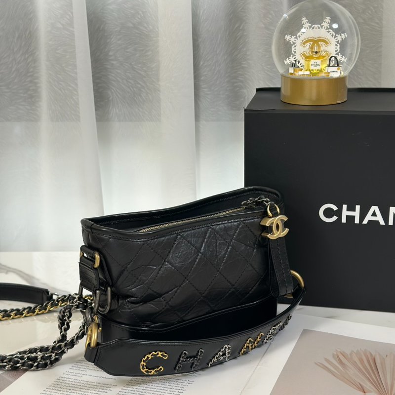 CHANEL 皮穿鍊字母提把雙鍊條流浪包 - 小號黑29開-2