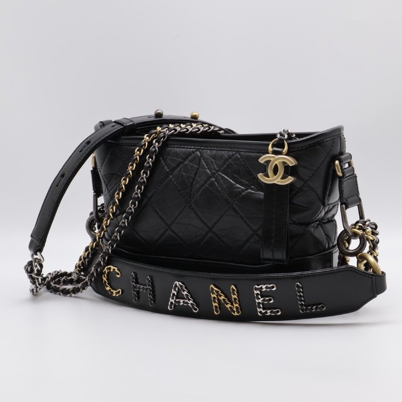 CHANEL 皮穿鍊字母提把雙鍊條流浪包 - 小號黑29開-0