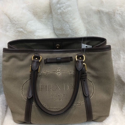 Prada 刺繡提花布配牛皮手提Tote R1331
