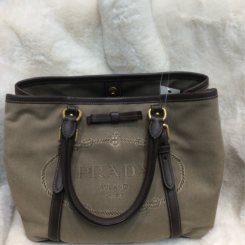 Prada 刺繡提花布配牛皮手提Tote R1331-0