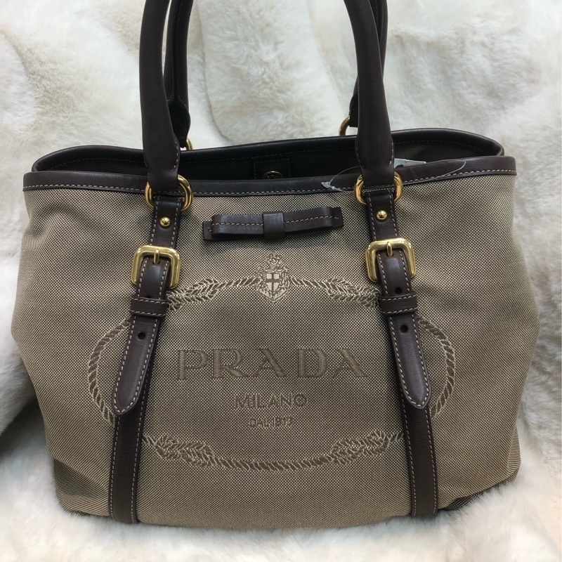 Prada 刺繡提花布配牛皮手提Tote R1331-1