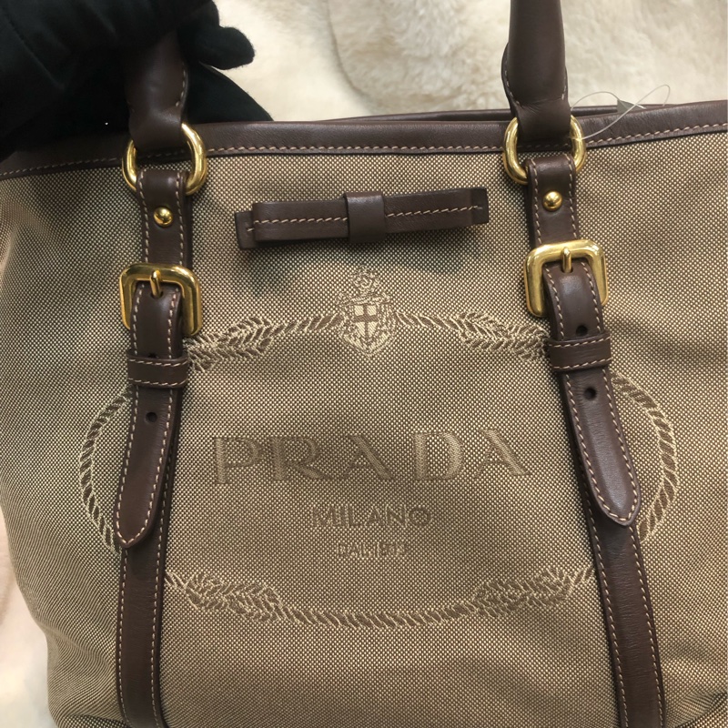Prada 刺繡提花布配牛皮手提Tote R1331-7