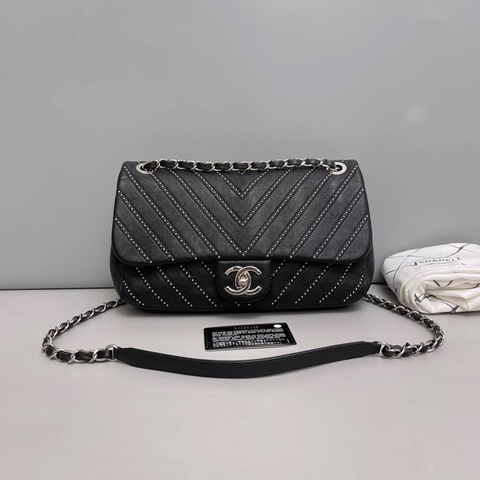 Chanel香奈兒CF黑銀全皮柳丁單肩斜挎包