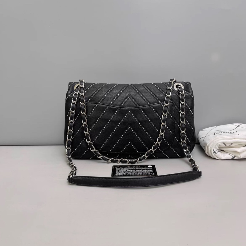 Chanel香奈兒CF黑銀全皮柳丁單肩斜挎包-1