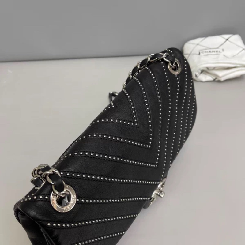 Chanel香奈兒CF黑銀全皮柳丁單肩斜挎包-4