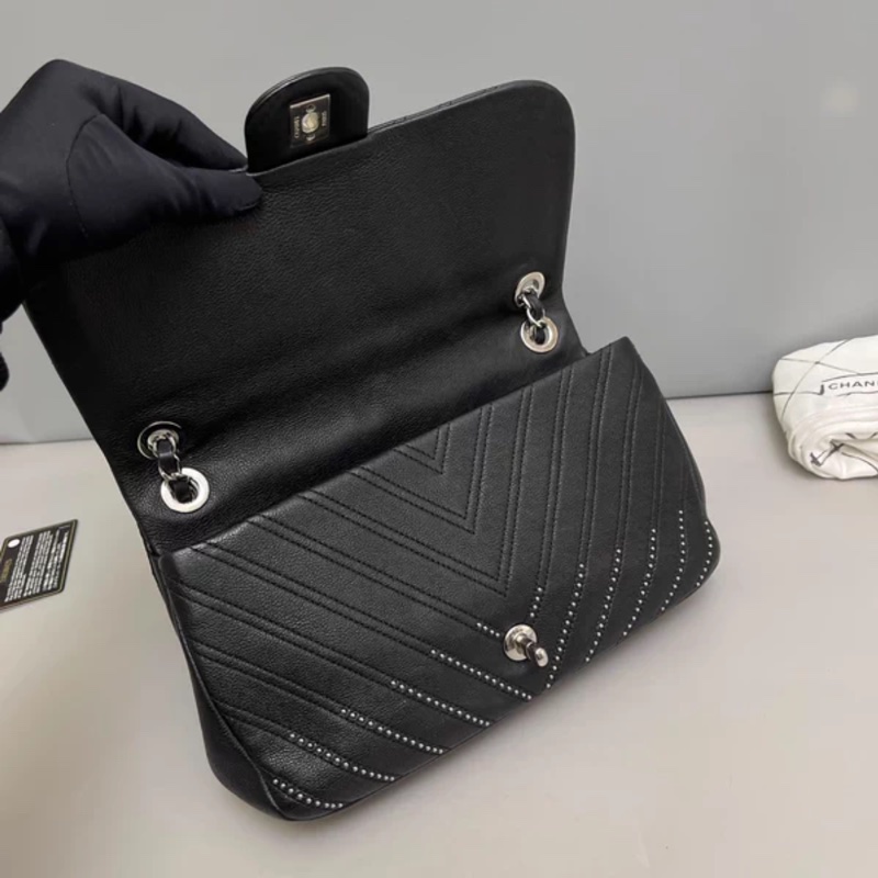 Chanel香奈兒CF黑銀全皮柳丁單肩斜挎包-5