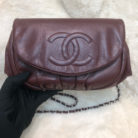 Chanel 酒紅色荔枝牛皮斜孭袋 XC018