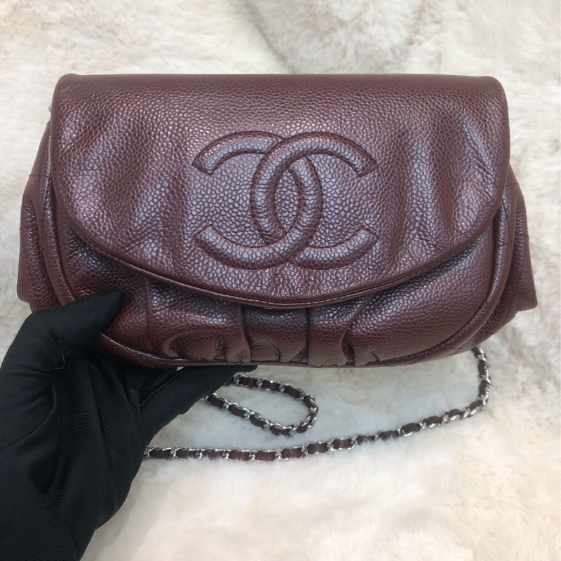 Chanel 酒紅色荔枝牛皮斜孭袋 XC018-0
