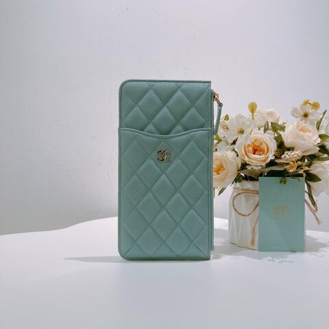 TW4609 Chanel 香奈兒 湖水藍 拉鏈長款卡包 Zipper Phone Pouch Caviar Turquoise x GHW