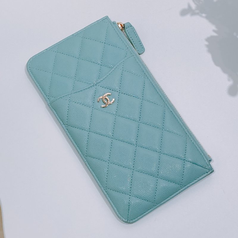 TW4609 Chanel 香奈兒 湖水藍 拉鏈長款卡包 Zipper Phone Pouch Caviar Turquoise x GHW-6