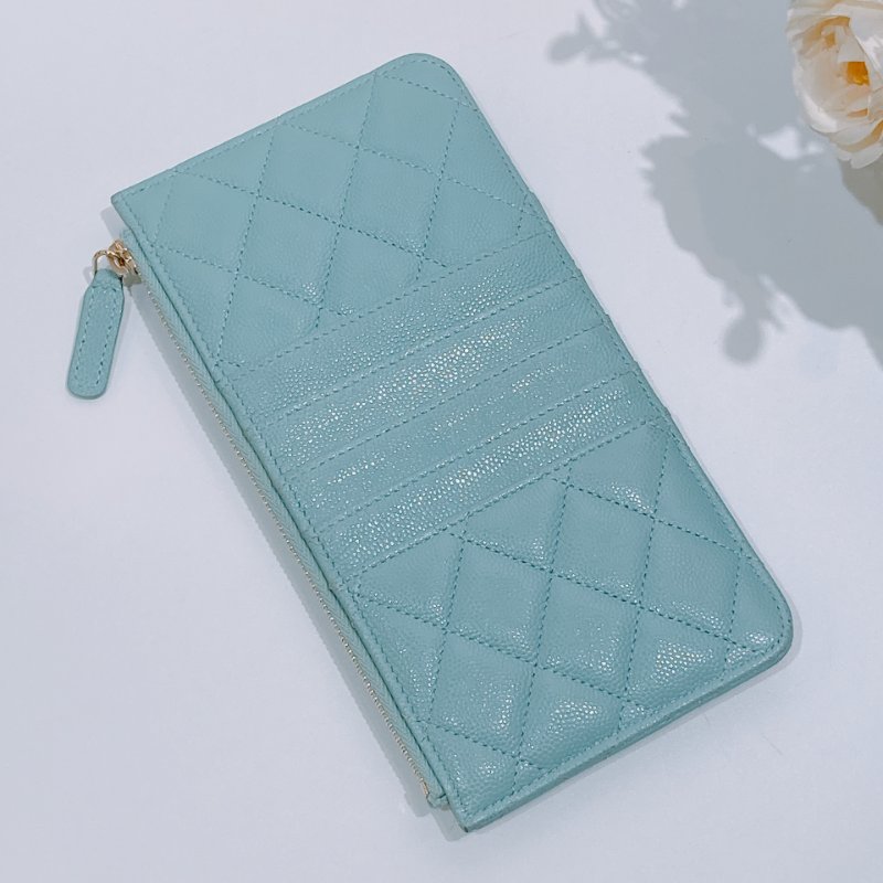 TW4609 Chanel 香奈兒 湖水藍 拉鏈長款卡包 Zipper Phone Pouch Caviar Turquoise x GHW-7
