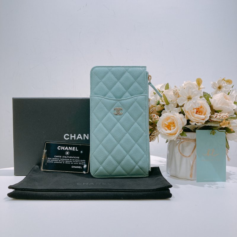 TW4609 Chanel 香奈兒 湖水藍 拉鏈長款卡包 Zipper Phone Pouch Caviar Turquoise x GHW-9