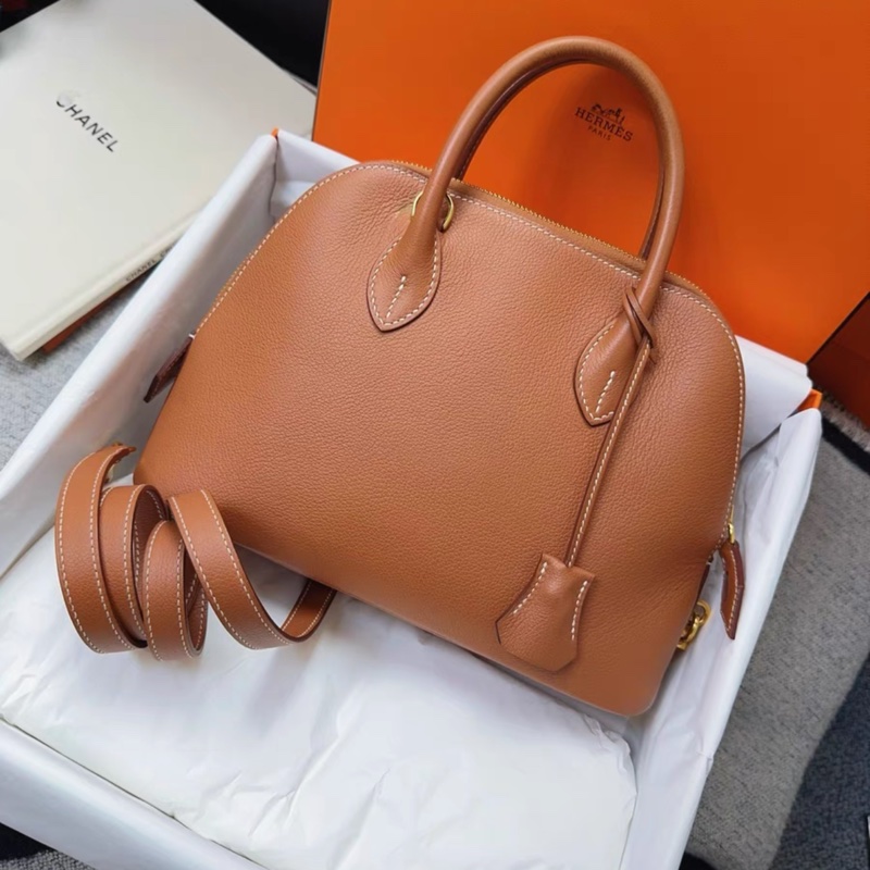 Hermes愛馬仕Bolide25，保齡球25，手提包斜挎包，金棕色，金扣，evercolor皮，內拼海葵紫，2023 B刻-0