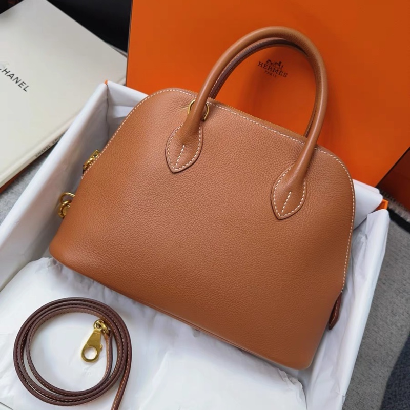 Hermes愛馬仕Bolide25，保齡球25，手提包斜挎包，金棕色，金扣，evercolor皮，內拼海葵紫，2023 B刻-3