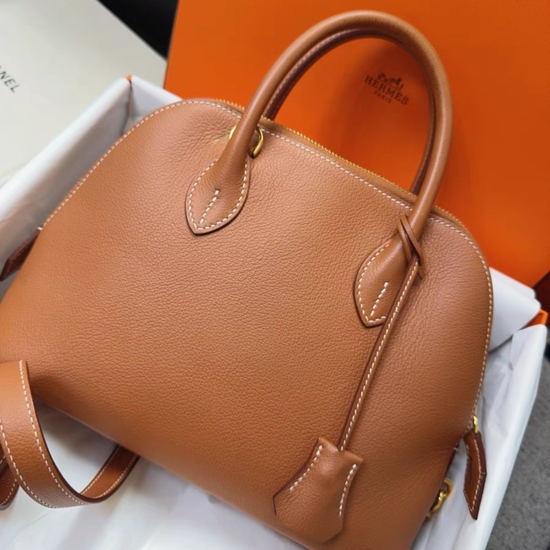 Hermes愛馬仕Bolide25，保齡球25，手提包斜挎包，金棕色，金扣，evercolor皮，內拼海葵紫，2023 B刻-6