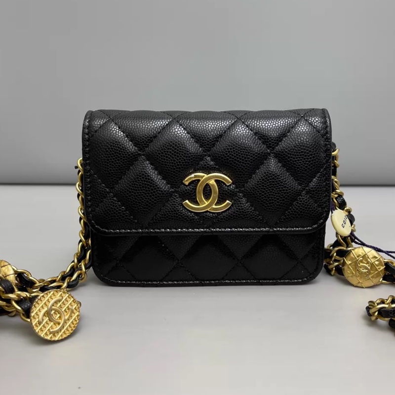 Chanel香奈兒 黑金牛皮荔枝紋迷你金幣wow芯片-0