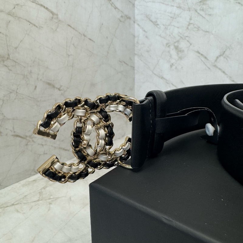 CHANEL黑白皮穿鍊雙C淡金4CM皮帶/75-4