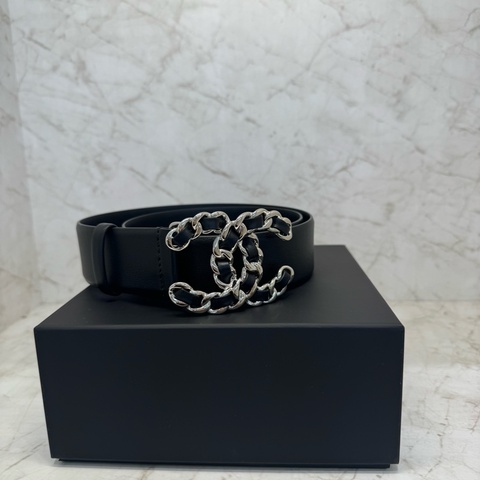CHANEL黑銀皮穿鍊雙C4CM皮帶/75