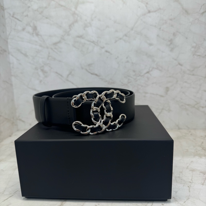 CHANEL黑銀皮穿鍊雙C4CM皮帶/75-0