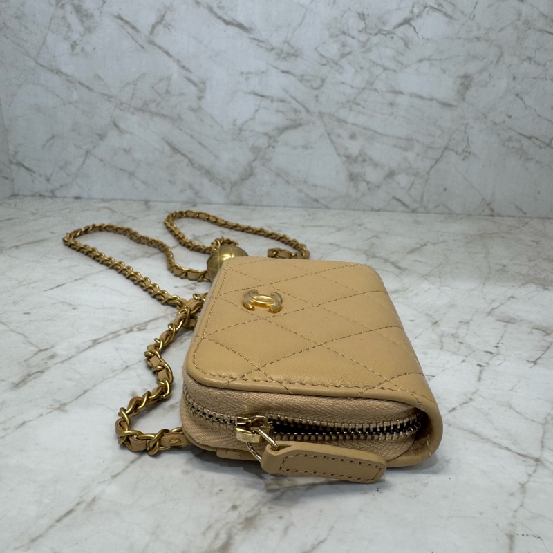 CHANEL粉金金球拉鍊肩背零錢包/31-2