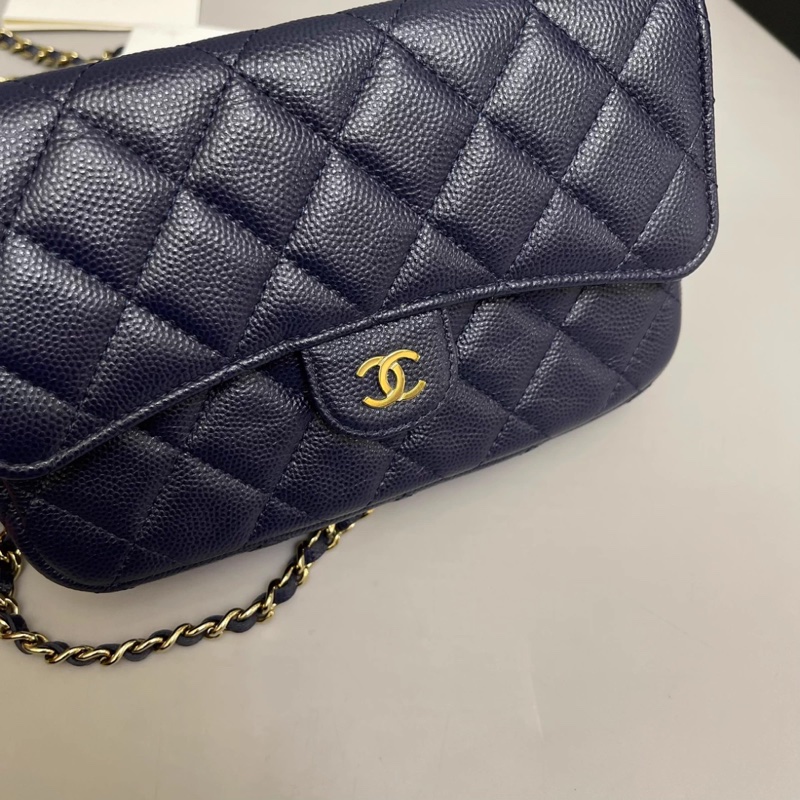 Chanel香奈兒 深藍色金扣牛皮荔枝紋woc鏈條包-0