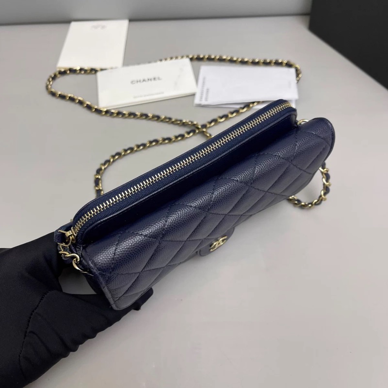 Chanel香奈兒 深藍色金扣牛皮荔枝紋woc鏈條包-2