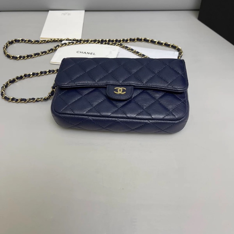 Chanel香奈兒 深藍色金扣牛皮荔枝紋woc鏈條包-4