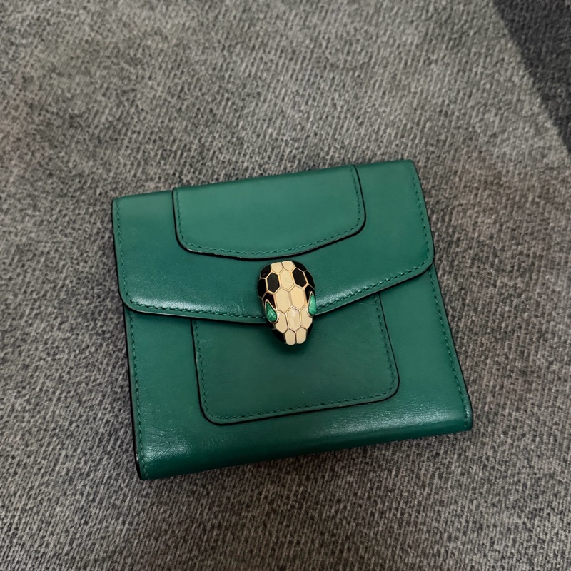 寶格麗 Serpenti 瑪瑙眼蛇頭小牛皮 三折短夾-0