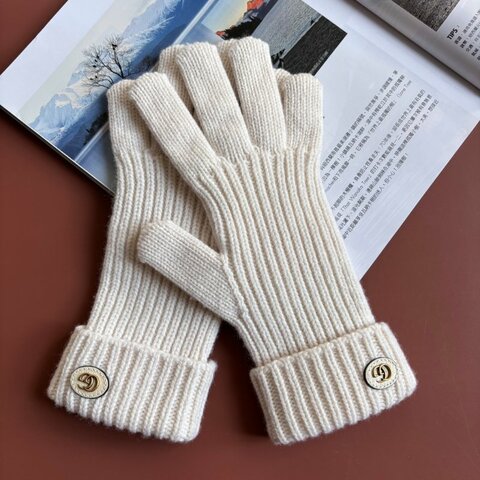 ::GUCCI:: 金屬雙G飾 羊毛山羊絨混紡手套 白色雪地手套