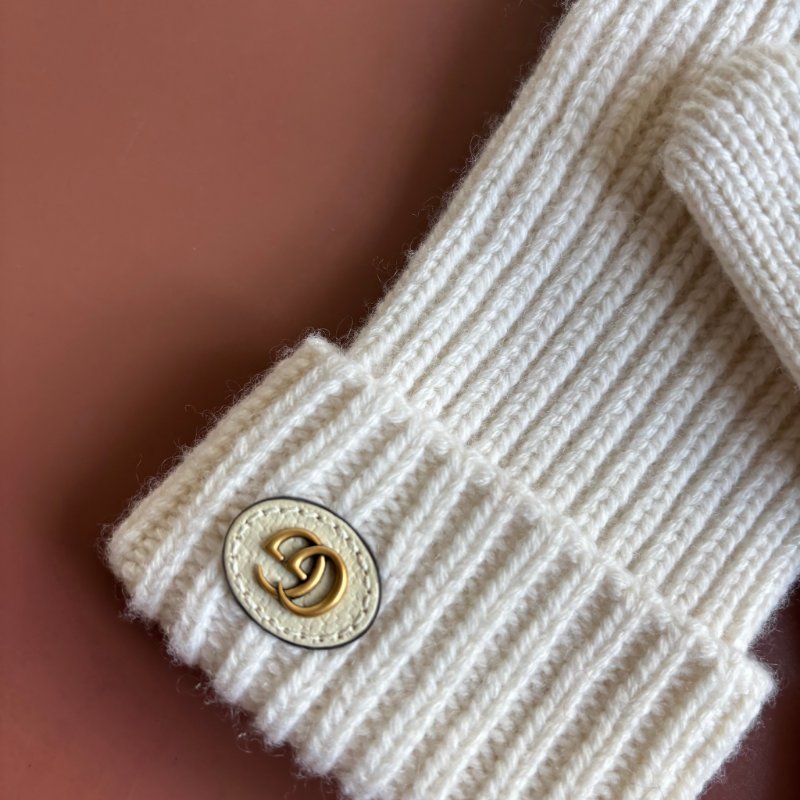 ::GUCCI:: 金屬雙G飾 羊毛山羊絨混紡手套 白色雪地手套-2
