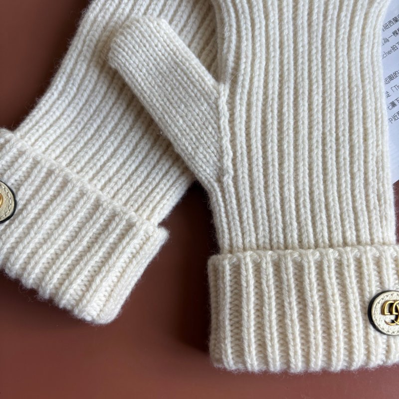 ::GUCCI:: 金屬雙G飾 羊毛山羊絨混紡手套 白色雪地手套-3