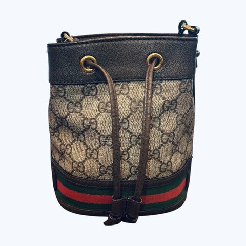GUCCI 卡其PVC紅綠條紋水桶包/小款