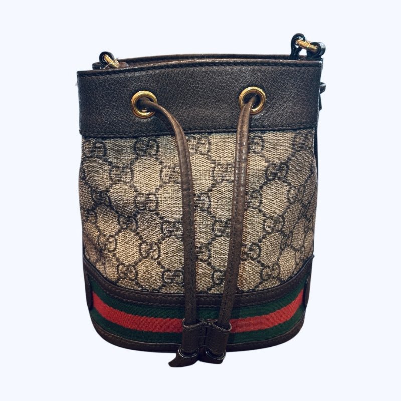 GUCCI 卡其PVC紅綠條紋水桶包/小款-0