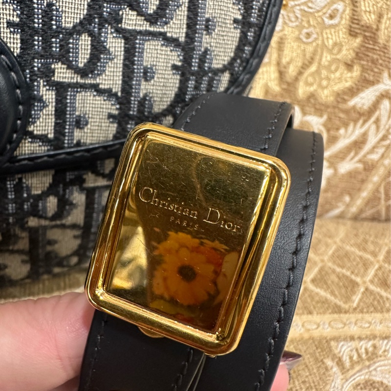 Dior 藍緹花布金釦下蓋斜背中碼Bobby包M9319UTZQ-11