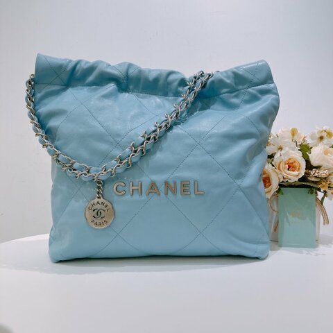 TW4602 Chanel 香奈兒 托特包 小號 垃圾袋 糖果藍 22 Small Handbag Sky Blue x PHW Shiny Calfskin