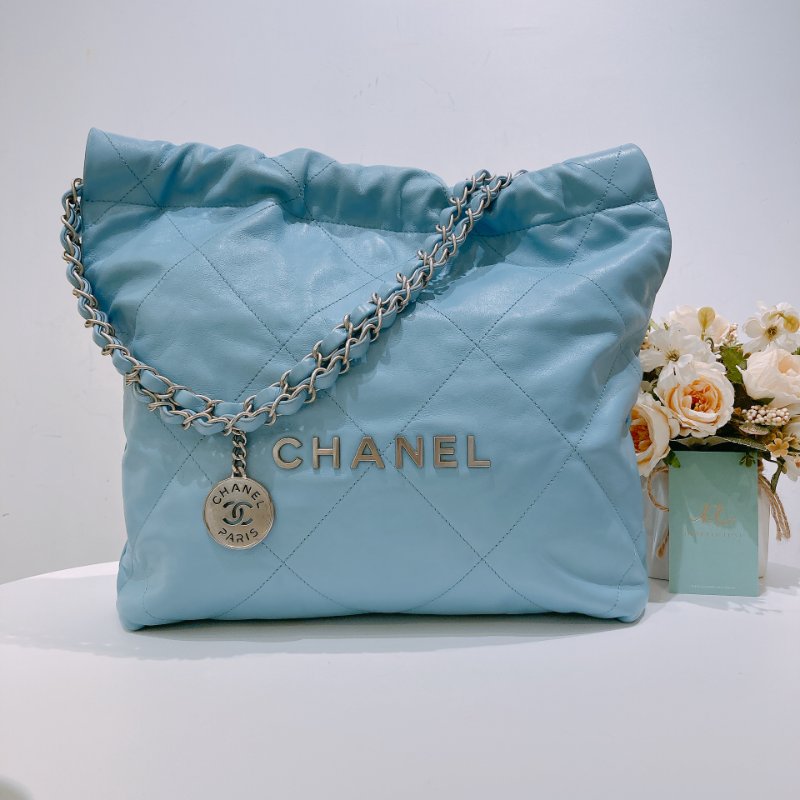 TW4602 Chanel 香奈兒 托特包 小號 垃圾袋 糖果藍 22 Small Handbag Sky Blue x PHW Shiny Calfskin-0