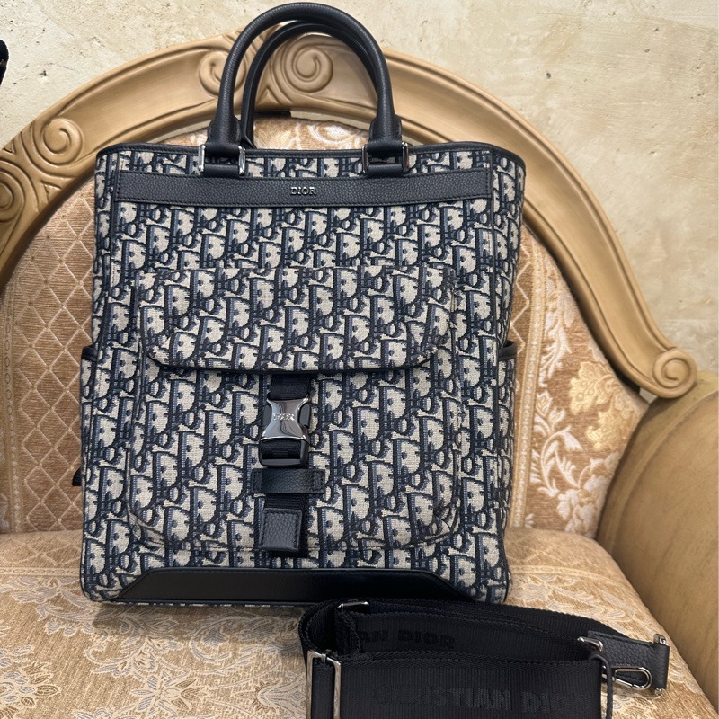 Dior 藍緹花布銀釦Oblique Explorer托特包 1ESSH069YKY-0